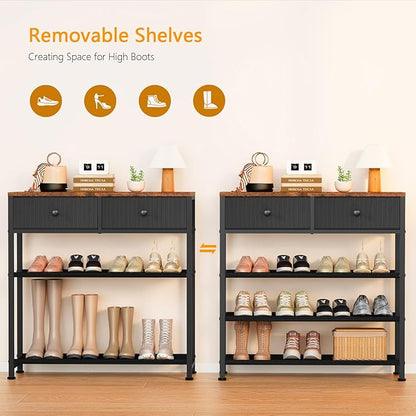 usikey Shoe Rack, 4 Tier Shoe Storage Organizer with 2 Drawers, Metal Shoe Shelf for 9-12 Pairs of Shoes, with 3 Oxford Fabric Shelves and Wooden Top, Shoe Stand for Closet Entryway, Black UNYXJX012H