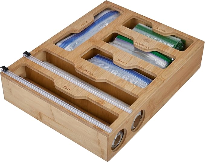 Kitchen Details Drawer Organizer | Multiple Food Storage Bag Compartments | Stores Up to 6 sizes | Kitchen Organization | Built In Slide Cuttlers | Bamboo