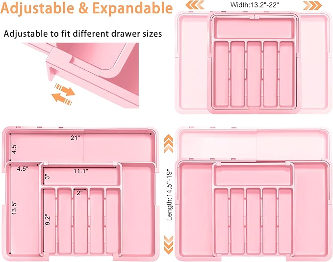 Spaclear Silverware Organizer Expandable Kitchen Utensil Drawer Organizer Large BPA Free Adjustable Cutlery Silverware Tray for Spoons Forks Knives Storage Divider for Kitchen Flatware 6-9 Slots Pink