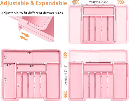 Spaclear Silverware Organizer Expandable Kitchen Utensil Drawer Organizer Large BPA Free Adjustable Cutlery Silverware Tray for Spoons Forks Knives Storage Divider for Kitchen Flatware 6-9 Slots Pink