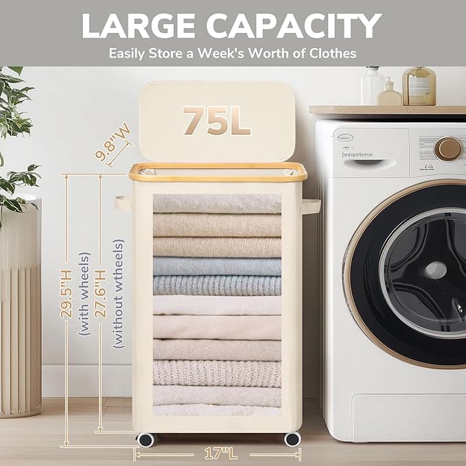 Goodpick Slim Laundry Basket with Wheels and Lid, 75L Narrow Laundry Hamper with Handles Removable Bag, Rolling Clothes Hamper for Dorm Bathroom Bedroom, 17" x 9.8" x 29.5", Beige