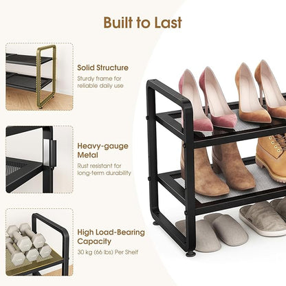 SAYZH Expandable Shoe Rack for Closet, Adjustable Metal Shoe Organizer with Sturdy Mesh Shelves for Boots & Heels, Stackable Shoe Storage for Entryway, Garage, Small Spaces (Black, 2-Tier)