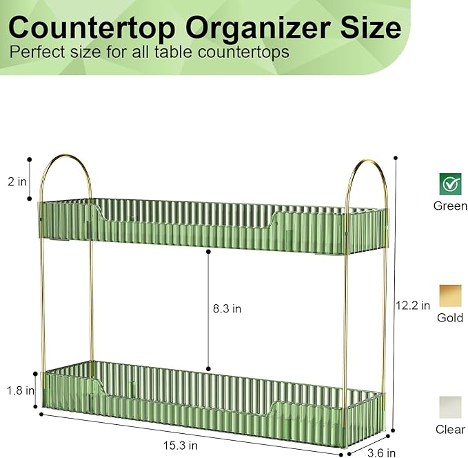 GTI Narrow Bathroom Organizers and Storage, 2 Tier Rectangle Makeup Counter Organizer, Perfume Cosmetics Skincare Vanity Organizers, Dresser Countertop Organizer for Women (Green)