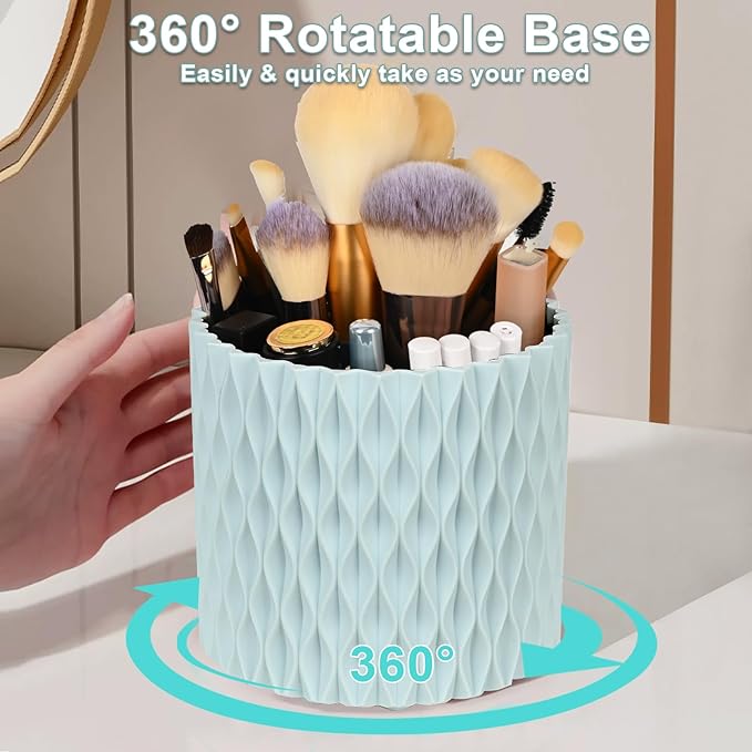 WAFJAMF Makeup Brush Holder 360 Rotating Cosmetics Holders Storage Cup for Vanity Desktop Bathroom Countertop 5 Slot Makeup Brushes Container - Classic Style - Haze Blue