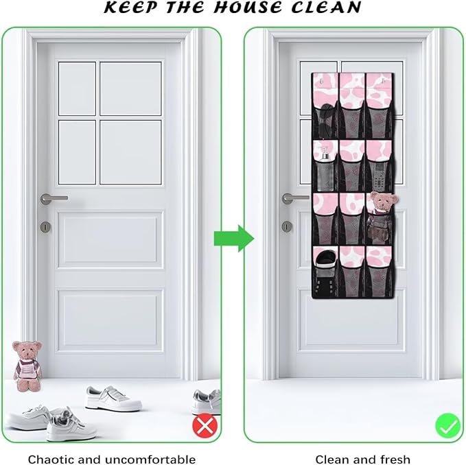 Pink Cow Print Over the Door Shoe Organizer 12 Large Mesh Pockets Sturdy Shoe Rack for Door Hanger Storage Holder for Dorm Bedroom