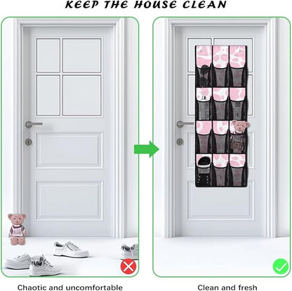 Pink Cow Print Over the Door Shoe Organizer 12 Large Mesh Pockets Sturdy Shoe Rack for Door Hanger Storage Holder for Dorm Bedroom