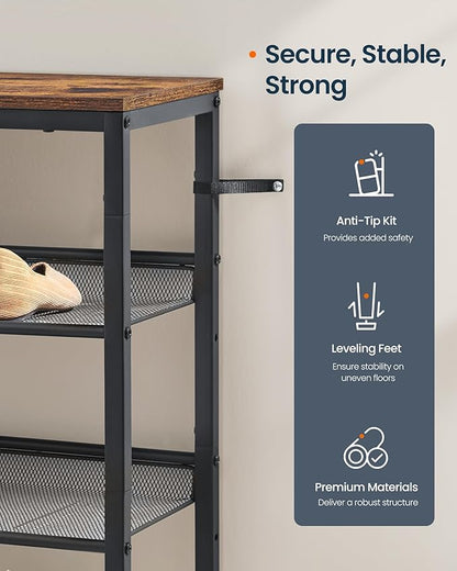 SONGMICS HOME 6 Tier Shoe Storage Organizer, Freestanding Shoe Rack, Dense Mesh, for Living Room, Bedroom, Entryway, Rustic Brown and Black