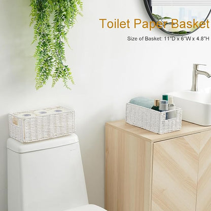 Vagusicc Wicker Storage Basket, Set of 2 Hand-Woven Paper Rope Wicker Basket, Small Storage Baskets for Organizing Toilet Paper Basket, Foldable Large Cube Storage Organizer Bins for Shelves (White)