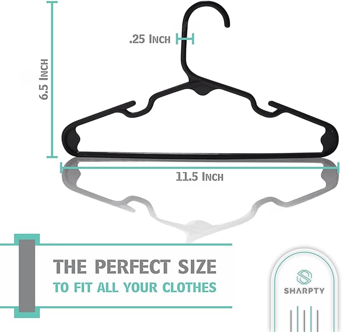 Sharpty Kids Plastic Hangers, Children's Hangers for Baby, Toddler, and Child Clothes - Everyday Standard Use - Ideal for Boys and Girls Closet, Clothing, Pants, Coats, and More - Black, 60 Pack