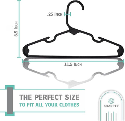 Sharpty Kids Plastic Hangers, Children's Hangers for Baby, Toddler, and Child Clothes - Everyday Standard Use - Ideal for Boys and Girls Closet, Clothing, Pants, Coats, and More - Black, 60 Pack