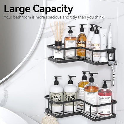 YASONIC Corner Shower Caddy 2 Pack, No Drill Adhesive Shower Storage Shelves, Rustproof Stainless Steel Wall Mounted Bathroom Organizer Shelf with 2 Removable Hooks for Dorm & Renters, Black
