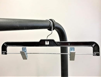 NAHANCO Plastic Skirt/Pant Hangers, Heavy Weight with Chrome Hook, Chrome Metal Clips - 14" High Gloss Black (Pack of 100)