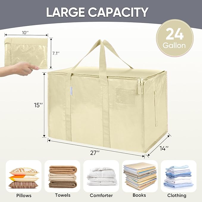 TICONN 6 Pack Extra Large Moving Bags Heavy Duty with Zippers & Carrying Handles, Durable Storage Bags Moving Boxes for Closet Organizers and Storage (6 Pack, Cream)