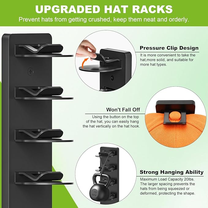 Haiou Hat Rack Hat Organizer for Baseball Caps Wall Mounted Hat Hanger Strong Adhesive Hat Hooks Hold up to 16 Hats for Home (Black+White)