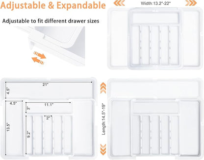 Spaclear Large Silverware Drawer Organizer Expandable Kitchen Utensil Organizer BPA Free Flatware Cutlery Holder Tray Adjustable Plastic Drawer Divider Storage for Forks Knives 6-9 Slots White