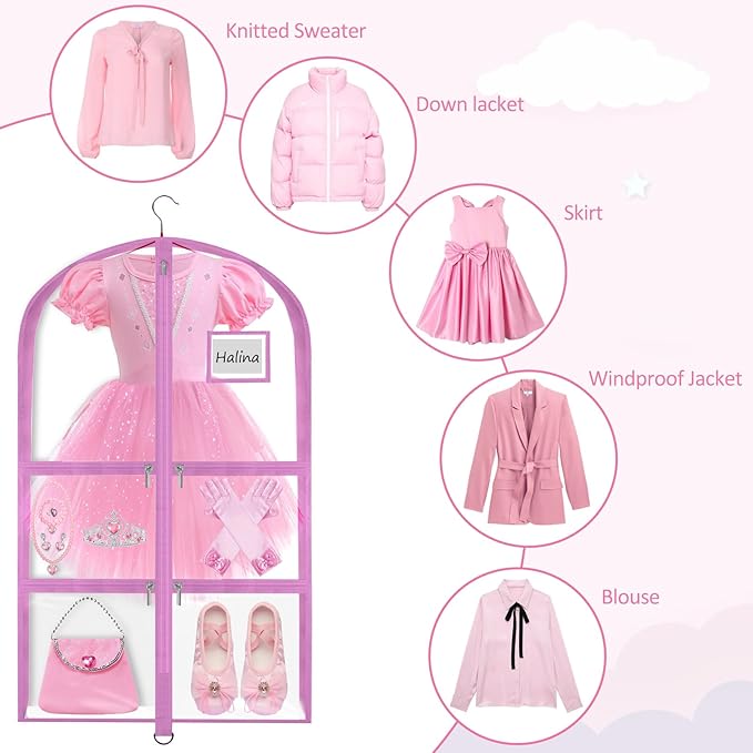 Garment Bags for Dance Costumes - 40 Inch Clear PVC with 5 Zipper Pockets (3 Pack) - Kids Dance Garment Bag for Dancers, Hanging Clothes Storage, Competitions & Travel (Clear Pink)