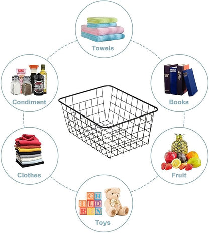 JUNCHU CHERRY Wire Kitchen Storage Basket 3 Packs,Perfect Pantry Organization Accessories Baskets,Laundry Basket,Countertop Organization,Suitable for Kitchen,Bathroom,Bedroom,Tabletop,Stackable,Black