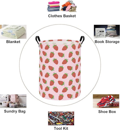 Round Foldable Girls' Storage Basket Kids Laundry Hamper Pink Gift Basket Suitable For Home Decoration Office and Toy Storage(Strawberry)