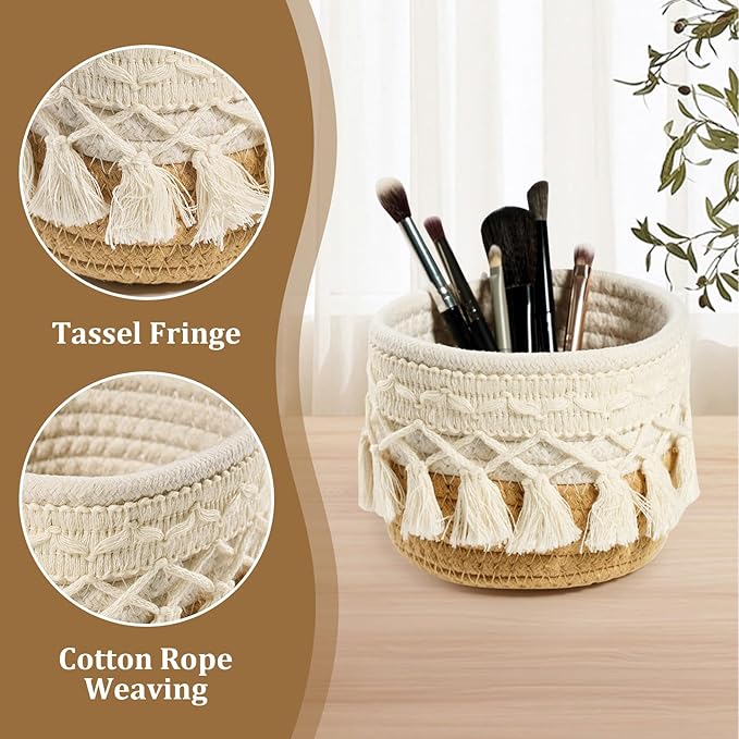 HEAVYWOOD Macrame Makeup Brush Holder Organizer 3.9''x3.9'' Mini Makeup Containers Boho Small Round Storage Basket Tassels Fringe Decorative Pencil Holder Set of 2 (3.9''x3.9'',Khaki)