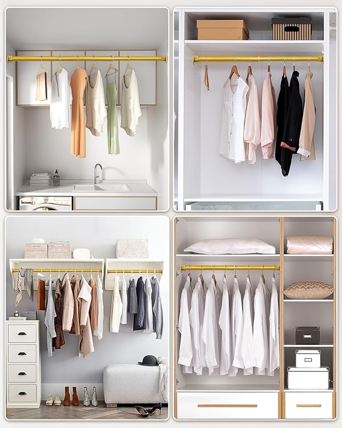 Closet Rods for Hanging Clothes - Heavy Duty, Length Adjustable (#1 Gold, 66.5" - 76")