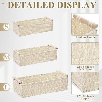 Boao 3 Pcs Boho Storage Wicker Baskets Handmade Woven Decorative Paper Rope Baskets for Organizing with Handle Countertop Toilet Paper Storage Container for Toilet Tank Top (Beige,Rectangle)