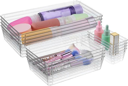 12 Pcs Clear Plastic Drawer Storage Organizer, 12"x 6"x2", 9"x6"x2", 6"x3"x2", Kitchen Bathroom Fridge Utensil Vanity Drawer Organizers Makeup Storage Organizer Drawers Trays for Organization Office
