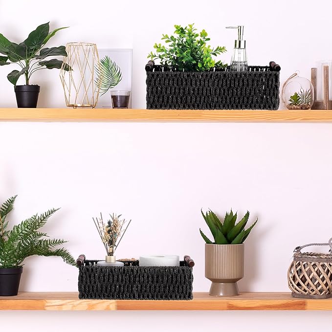 Boao 3 Pcs Boho Storage Wicker Baskets Handmade Woven Decorative Paper Rope Baskets for Organizing with Handle Countertop Toilet Paper Storage Container for Toilet Tank Top(Black,Rectangle)