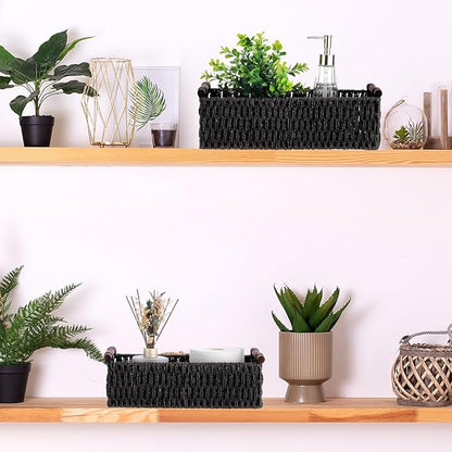 Boao 3 Pcs Boho Storage Wicker Baskets Handmade Woven Decorative Paper Rope Baskets for Organizing with Handle Countertop Toilet Paper Storage Container for Toilet Tank Top(Black,Rectangle)