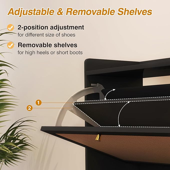 AVZEAR Narrow Shoe Storage Cabinet for Entryway with 2 Flip Drawers, Freestanding Shoe Cabinet with Natural Linen Panel, Slim Wood Shoe Organizer Closed Shoe Rack for Hallway, Foyer(Black)