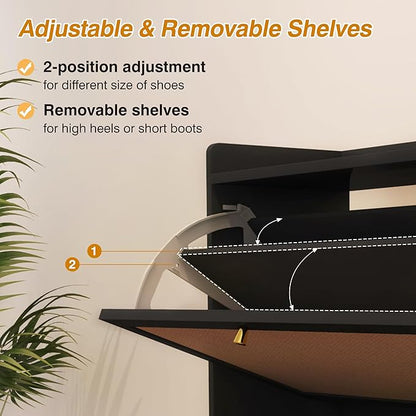 AVZEAR Narrow Shoe Storage Cabinet for Entryway with 2 Flip Drawers, Freestanding Shoe Cabinet with Natural Linen Panel, Slim Wood Shoe Organizer Closed Shoe Rack for Hallway, Foyer(Black)