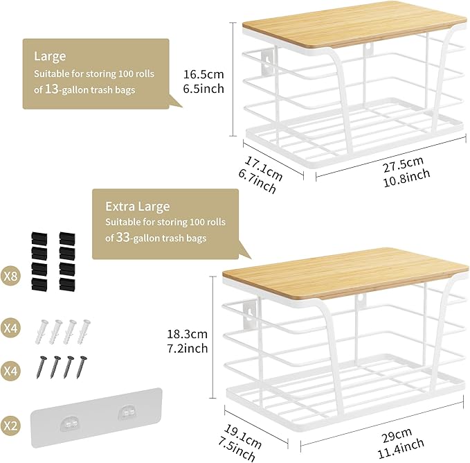 TIDIIABODE Extra Large 2 Pack Potato and Onion Storage Bins, Potato and Onion Storage Baskets with Bamboo Top, Trash Bag Dispenser, Storage Stackable for Kitchen Laundry Organizers, White