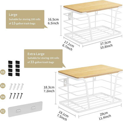 TIDIIABODE Extra Large 2 Pack Potato and Onion Storage Bins, Potato and Onion Storage Baskets with Bamboo Top, Trash Bag Dispenser, Storage Stackable for Kitchen Laundry Organizers, White