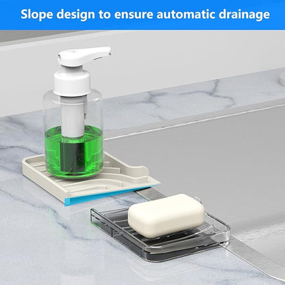 Sponge Holder for Kitchen Sink, Dish Sponge Holder & Soap Tray with Drain, Bathroom Sink Sponge Drying Rack & Perfect Organizer for Dispenser,Bottle,Cup on Sinks or Counter (10"x 4"Cream)