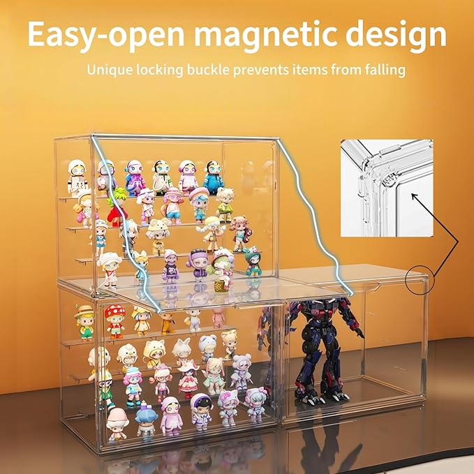 Acrylic Collectible Display Box Transparent Figure Display Box, with Magnetic Door, Stackable Design Dustproof Mini Figure Display Stand Display Organizer Countertop with Adjustable Shelves