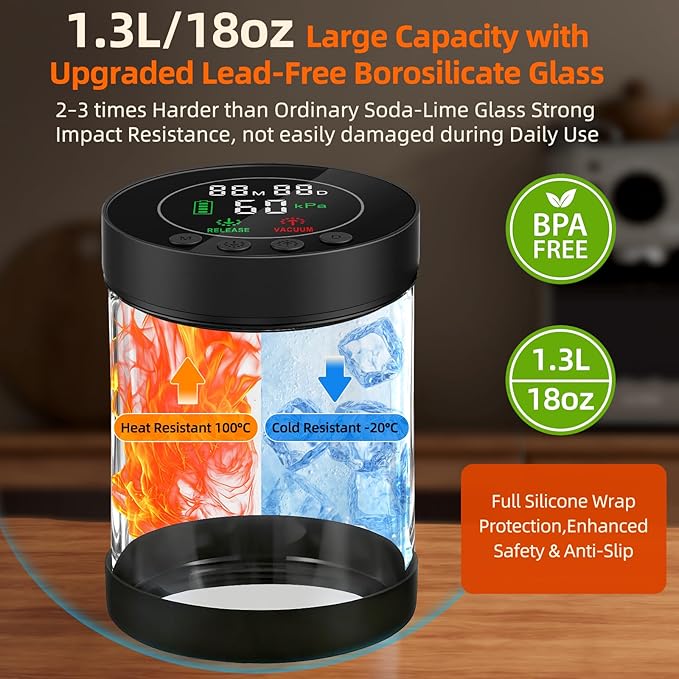 Automatic Vacuum Coffee Canister, 1.3L Coffee Container with Smart Pressure Sensor,LED Display,Window,Scoop Rechargeable Airtight Electric Coffee Bean Storage for Home Kitchen Ground Food Tea Storage