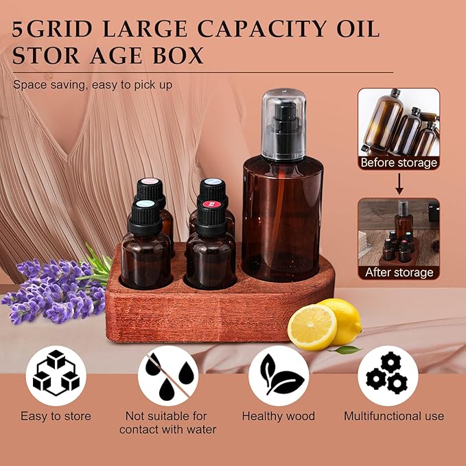 Wooden Essential Oil Holder with 5 Holes (4cmx4 & 6cmx1), Retro Desktop Display Rack for Bathroom Vanity Desk Organizer