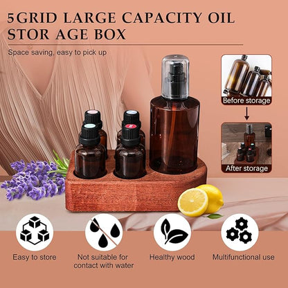 Wooden Essential Oil Holder with 5 Holes (4cmx4 & 6cmx1), Retro Desktop Display Rack for Bathroom Vanity Desk Organizer