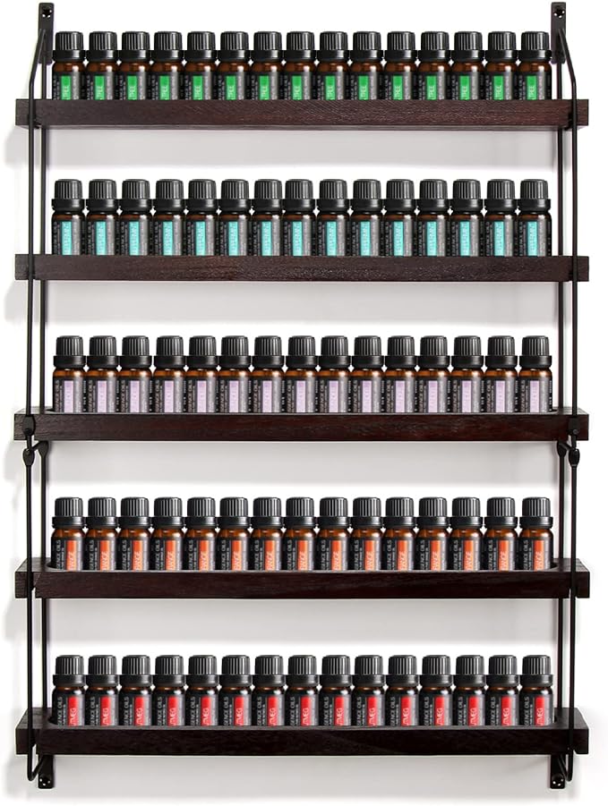 THYGIFTREE Essential Oil Storage Shelf Wall Mounted 16.9" Wooden Essential Oil Collection Display Rack Organizer 5 Tiers Holds 75 Bottles, Nail Polish Holder Paint Organizer