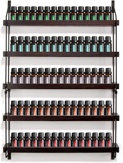 THYGIFTREE Essential Oil Storage Shelf Wall Mounted 16.9" Wooden Essential Oil Collection Display Rack Organizer 5 Tiers Holds 75 Bottles, Nail Polish Holder Paint Organizer