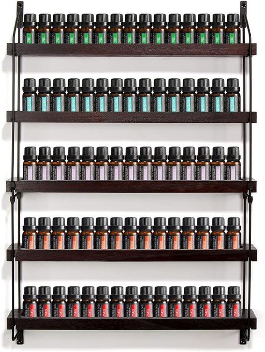 THYGIFTREE Essential Oil Storage Shelf Wall Mounted 16.9" Wooden Essential Oil Collection Display Rack Organizer 5 Tiers Holds 75 Bottles, Nail Polish Holder Paint Organizer