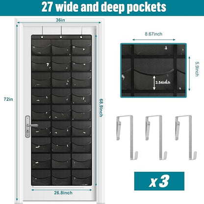 Fixwal Hat Organizer for Baseball Caps, 27 Pocket Over The Door Hat Rack for Storage Closet Wall, Cap Holder Hanger with Large Clear Pockets & 3 Hooks, Hat Storage to Protect and Display, Black