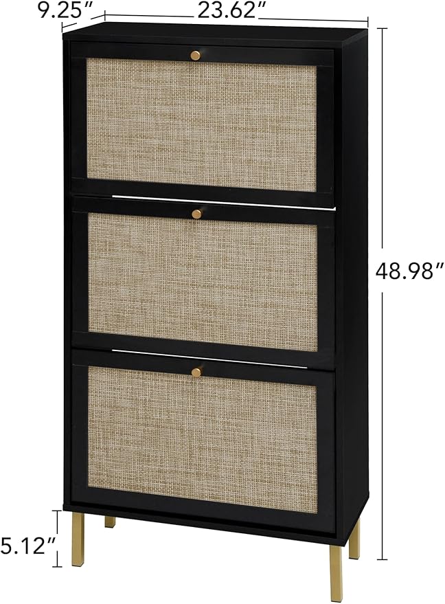ZeHuoGe Rattan Shoe Cabinet with 3 Flip Drawers, Narrow Hidden Shoe Rack Storage Cabinet for Heels, Slippers, Entrance Hallway Entryway (Black)