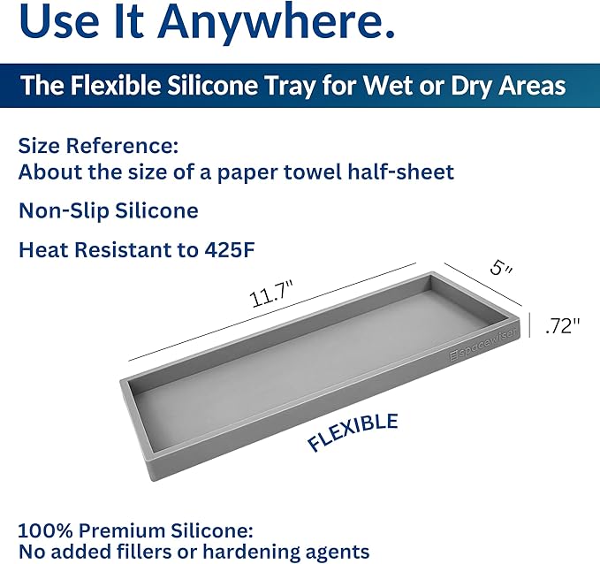 Spacewiser Countertop and Vanity Tray - 11.7" Silicone Bathroom Tray Countertop, Dish Soap Trays for Kitchen Counter, Sink Organizer Caddy Accessories, Toilet Plant Shower Makeup Mat Oil Holder