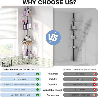 Corner Shower Caddy Tension Pole: Stainless Steel Rustproof 4-Tier Shower Organizer - 47-121 inch Adjustable Bathroom Shelves for Bathtub Shampoo Storage - Tension Rod Floor Standing Bath Rack