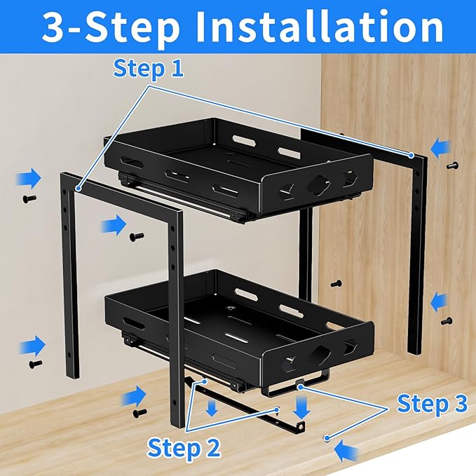 BOIVSHI Pull Out Spice Racks for Inside Cabinets, 2-Tier Cabinet Spice Rack Organizer, Height Adjustable Vertical Spice Rack for Kitchen Cabinet (7.5''Wx10.8''Dx9.2''H, Metal Black)