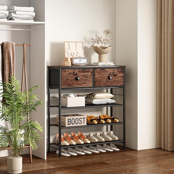 INGIORDAR Shoe Rack Organizer 5 Tier Metal Organizer Shelf with Industrial MDF Board and Layer Fabric for Entryway Closet Bedroom Living Room Garage (Black+Rustic Brown, 4 Tier with 2 Drawers)