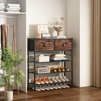 INGIORDAR Shoe Rack Organizer 5 Tier Metal Organizer Shelf with Industrial MDF Board and Layer Fabric for Entryway Closet Bedroom Living Room Garage (Black+Rustic Brown, 4 Tier with 2 Drawers)