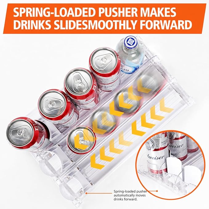 SOLY Drink Organizer for Fridge, Automatic Soda Can Dispenser with Pusher, 5-Row Refrigerator Drink Organizer Holds 25–30 Cans, 14.96" Deep