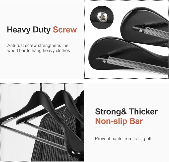 TOPIA HANGER Black Wooden Coat Hanger 6 Pack, Wide Shoulder Wood Suit Hangers with Extra-Thick Flat Hooks & Anti-Slip Pants Bar, Heavy Duty Clothes Hangers,Glossy Finish, Black-CT02H