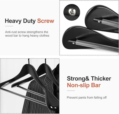 TOPIA HANGER Black Wooden Coat Hanger 6 Pack, Wide Shoulder Wood Suit Hangers with Extra-Thick Flat Hooks & Anti-Slip Pants Bar, Heavy Duty Clothes Hangers,Glossy Finish, Black-CT02H